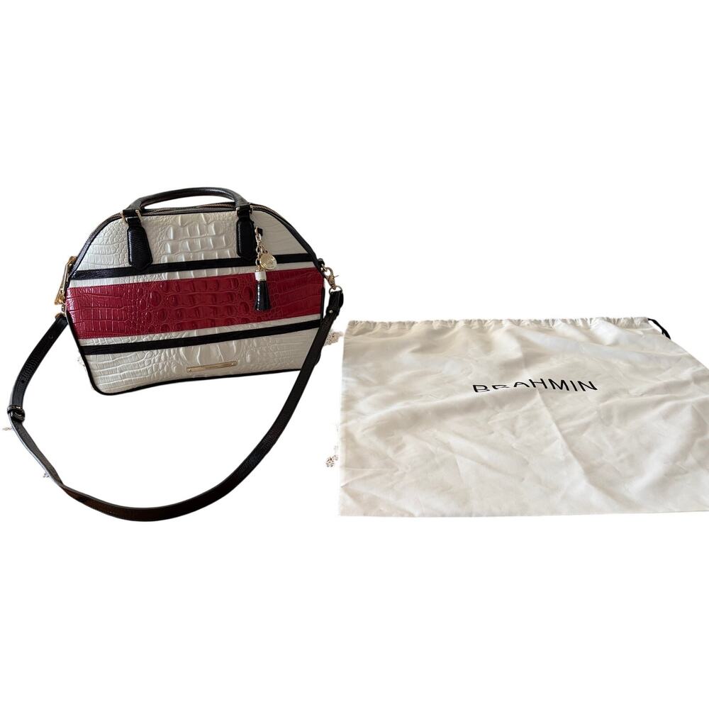 Retired Brahmin Hudson Satchel Magnolia Stripe Melbourne Leather Dome Crossbody - Picture 2 of 10